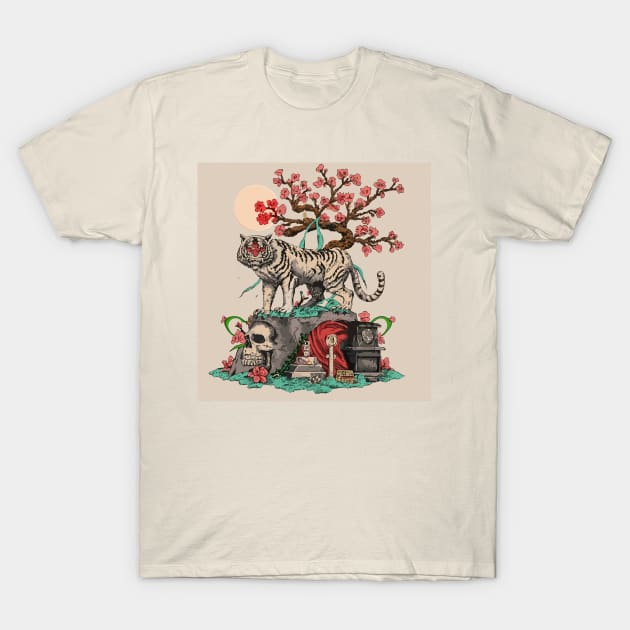 white tiger on top of a skull behind it a beautiful sakura tree and a black tomb T-Shirt by NIKA13